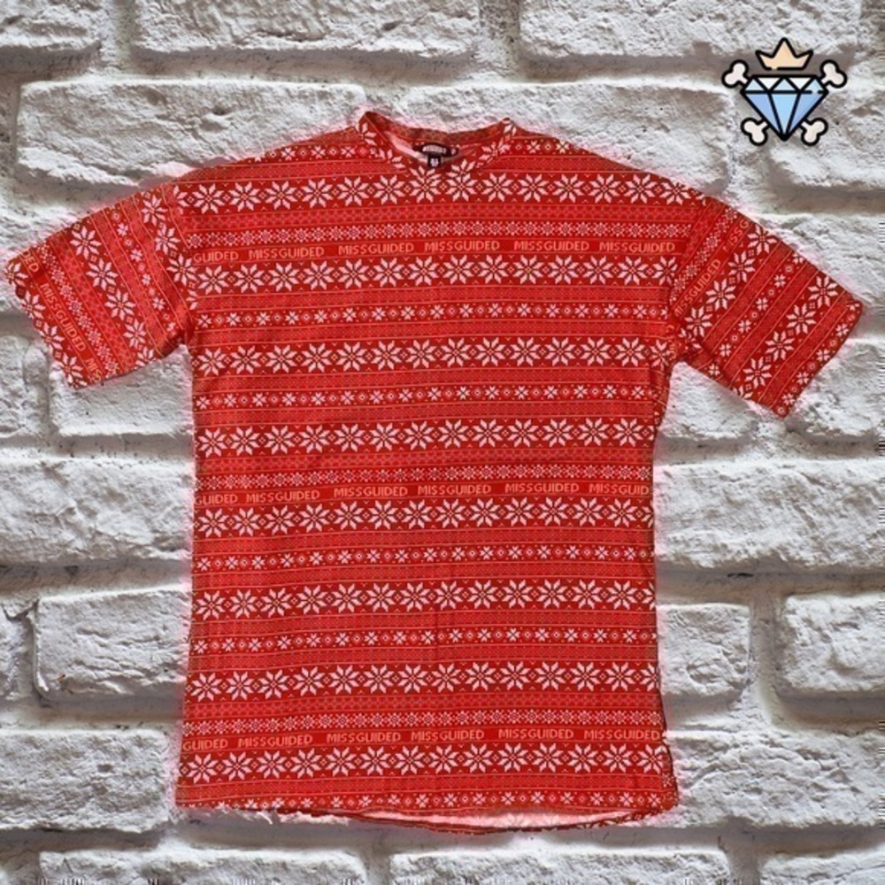 MISSGUIDED FAIRISLE PRINT RED TEE SHIRT DRESS SIZE 8 HOLIDAY WEAR WOMENS